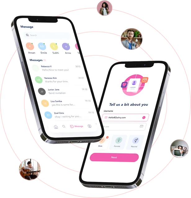 The Soolmate app: a messages screen with recent chats and the “Tell us a bit about you” sign-up screen